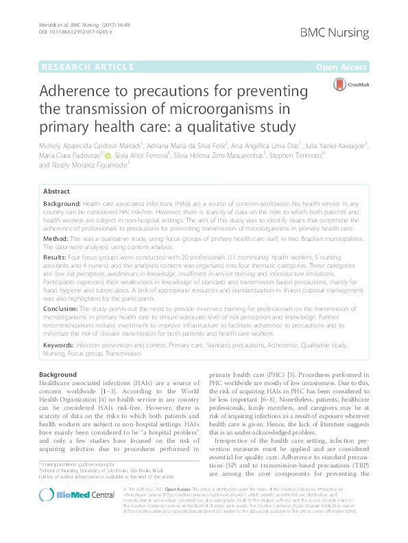 Adherence to precautions for preventing the transmission of microorganisms in primary health care: a qualitative study Thumbnail