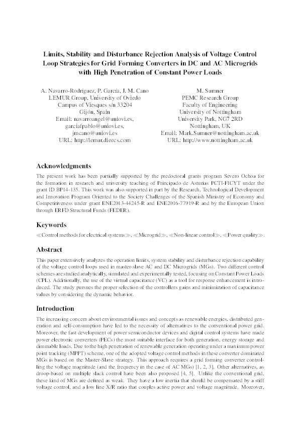 Limits, stability and disturbance rejection analysis of voltage control loop strategies for grid forming converters in DC and AC microgrids with high penetration of constant power loads Thumbnail