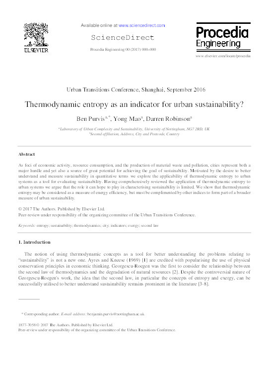 Thermodynamic entropy as an indicator for urban sustainability? Thumbnail