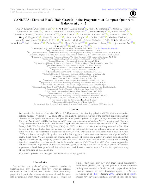 CANDELS: Elevated black hole growth in the progenitors of compact quiescent galaxies at z ∼ 2 Thumbnail