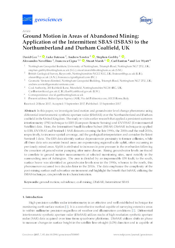 Ground motion in areas of abandoned mining: application of the intermittent SBAS (ISBAS) to the Northumberland and Durham coalfield, UK Thumbnail