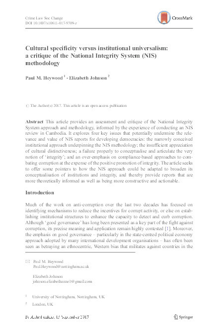 Cultural specificity versus institutional universalism: a critique of the National Integrity System (NIS) methodology Thumbnail