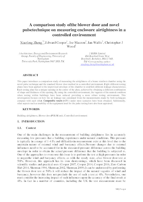 A comparison study of the blower door and novel pulse technique on measuring enclosure airtightness in a controlled environment Thumbnail