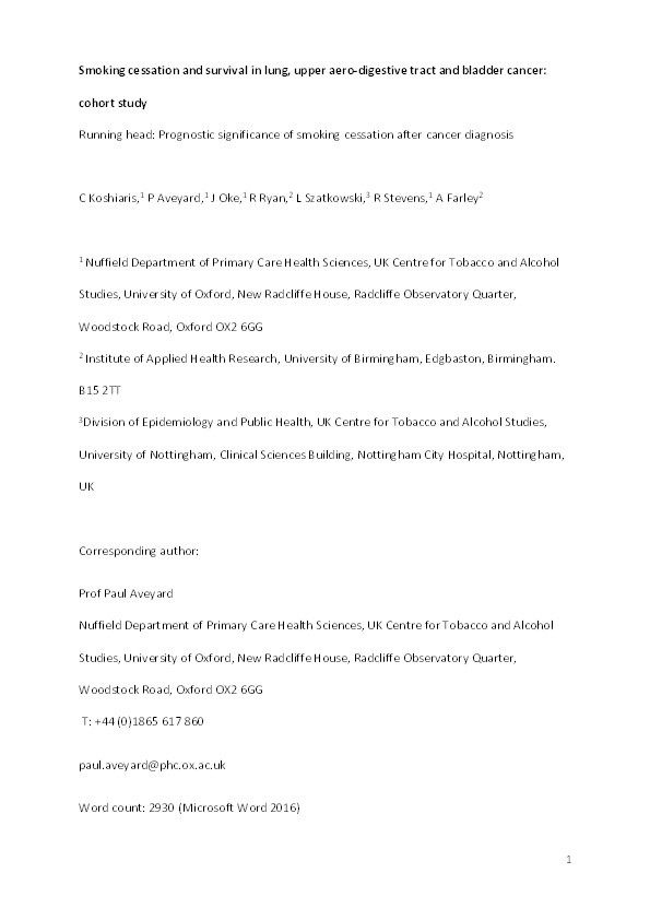 Smoking cessation and survival in lung, upper aero-digestive tract and bladder cancer: cohort study Thumbnail