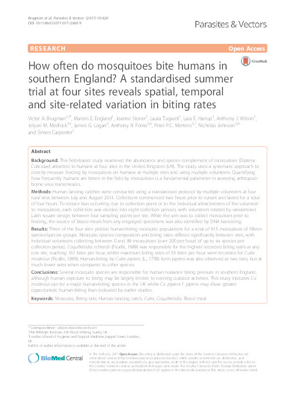 How often do mosquitoes bite humans in southern England?: a standardised summer trial at four sites reveals spatial, temporal and site-related variation in biting rates Thumbnail