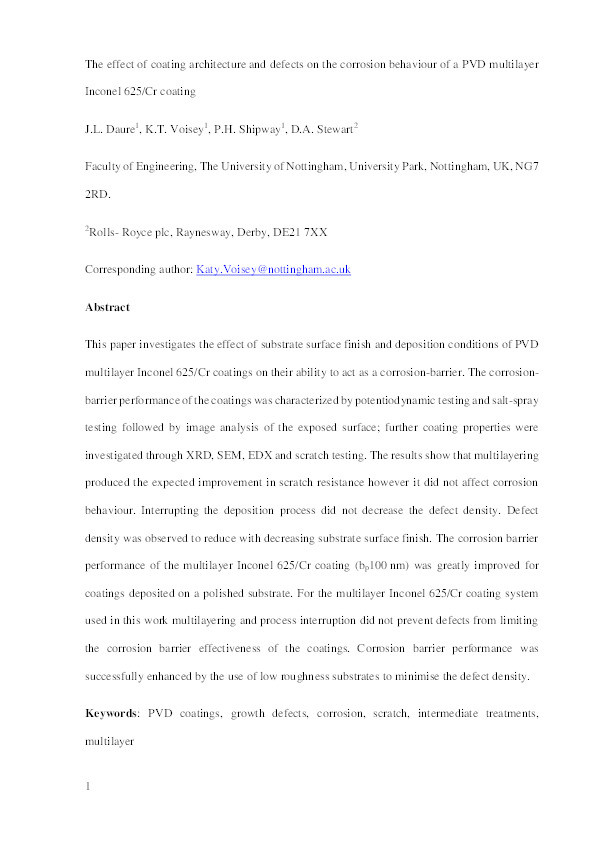 The effect of coating architecture and defects on the corrosion behaviour of a PVD multilayer Inconel 625/Cr coating Thumbnail