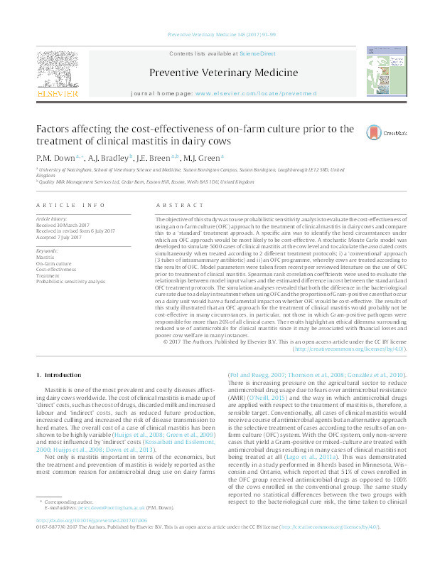 Factors affecting the cost-effectiveness of on-farm culture prior to the treatment of clinical mastitis in dairy cows Thumbnail