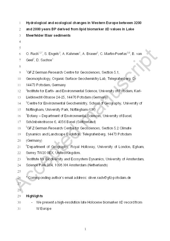 Hydrological and ecological changes in western Europe between 3200 and 2000 years BP derived from lipid biomarker ?D values in lake Meerfelder Maar sediments Thumbnail