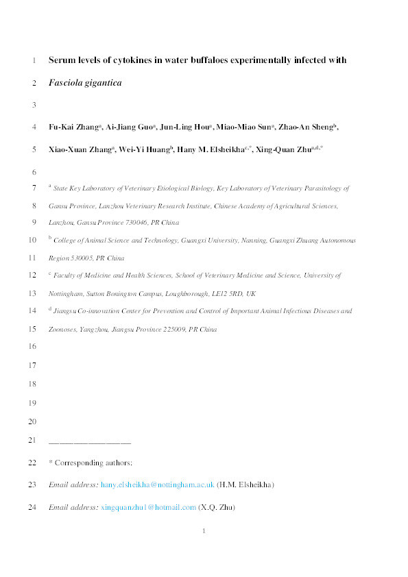 Serum levels of cytokines in water buffaloes experimentally infected with Fasciola gigantica Thumbnail
