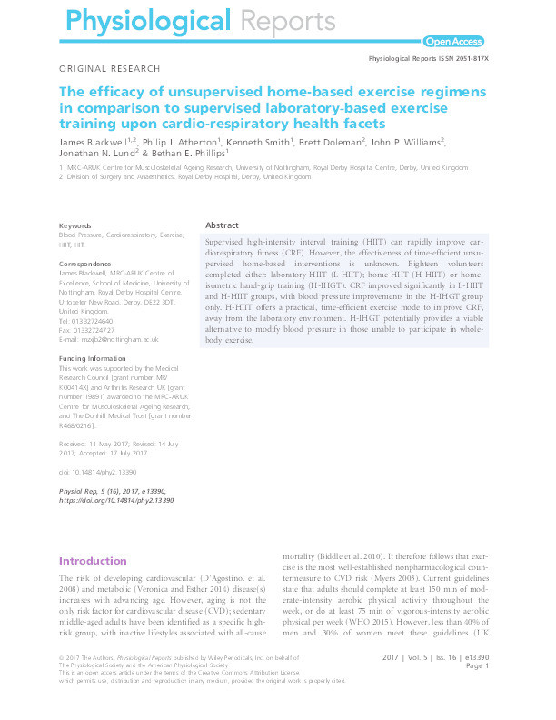 The efficacy of unsupervised home-based exercise regimens in comparison to supervised lab-based exercise training upon cardio-respiratory health facets Thumbnail
