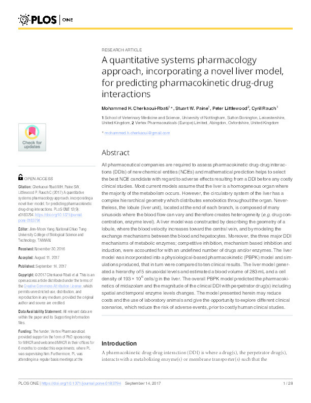 A quantitative systems pharmacology approach, incorporating a novel liver model, for predicting pharmacokinetic drug-drug interactions Thumbnail