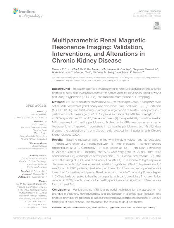 Multiparametric renal magnetic resonance imaging: validation, interventions, and alterations in chronic kidney disease Thumbnail