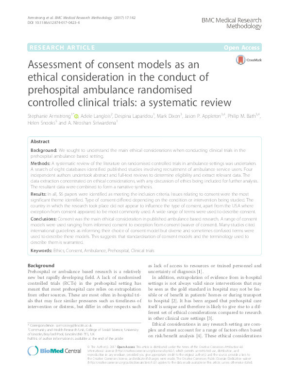 Assessment of consent models as an ethical consideration in the conduct of prehospital ambulance randomised controlled clinical trials: a systematic review Thumbnail