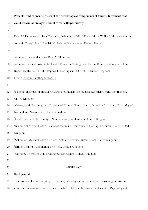 Patients’ and Clinicians’ Views of the Psychological Components of Tinnitus Treatment That Could Inform Audiologists’ Usual Care: A Delphi Survey Thumbnail