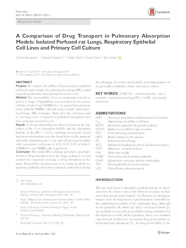 A comparison of drug transport in pulmonary absorption models: isolated perfused rat lungs, respiratory epithelial cell lines and primary cell culture Thumbnail