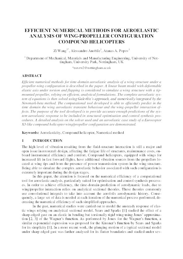 Efficient numerical methods for aeroelastic analysis of wing-propeller configuration compound helicopters Thumbnail