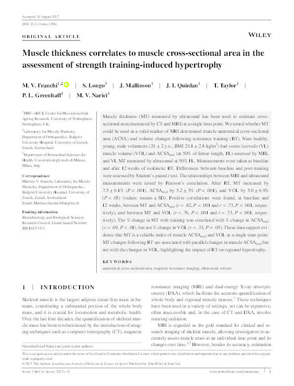 Muscle thickness correlates to muscle cross sectional area in the assessment of strength training induced hypertrophy Thumbnail