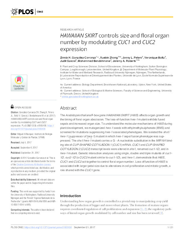 HAWAIIAN SKIRT controls size and floral organ number by modulating CUC1 and CUC2 expression Thumbnail