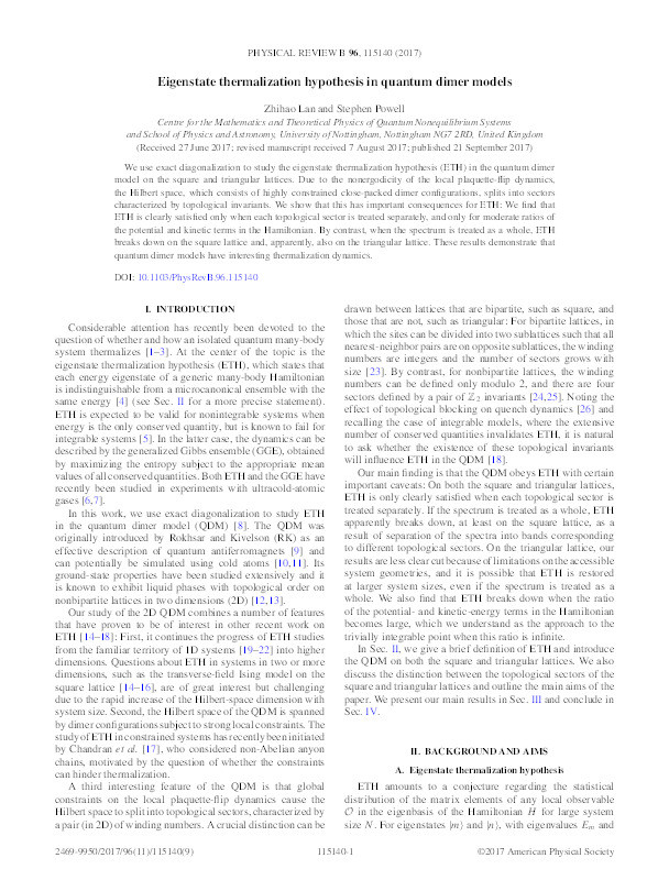 Eigenstate thermalization hypothesis in quantum dimer models Thumbnail