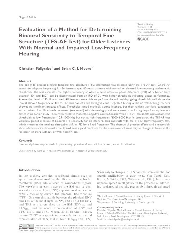 Evaluation of a method for determining binaural sensitivity to temporal fine structure (TFS-AF test) for older listeners with normal and impaired low-frequency hearing Thumbnail