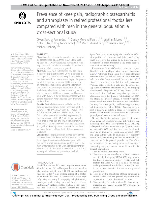Prevalence of knee pain, radiographic osteoarthritis and arthroplasty in retired professional footballers compared to men in the general population: a cross-sectional study Thumbnail