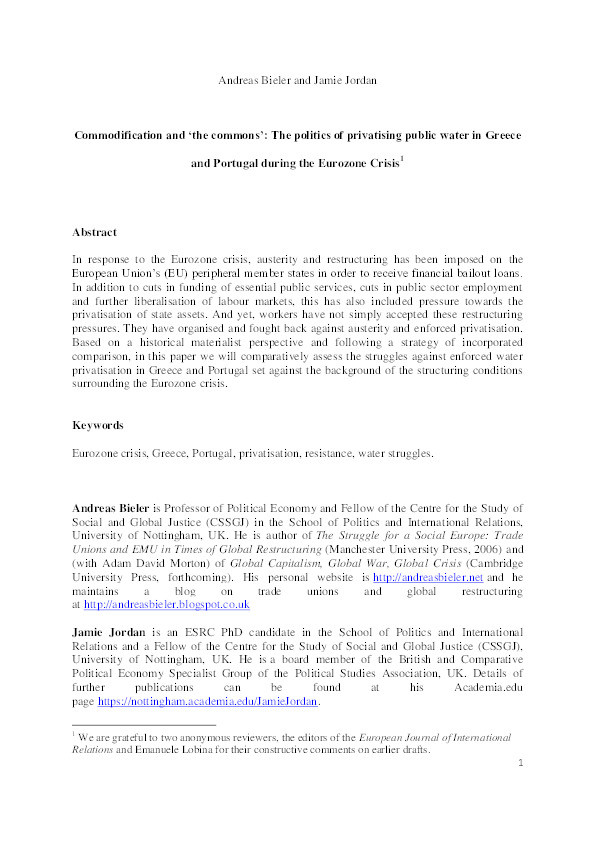 Commodification and ‘the commons’: the politics of privatising public water in Greece and Portugal during the Eurozone Crisis Thumbnail