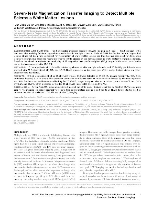 Seven-Tesla magnetization transfer imaging to detect multiple sclerosis white matter lesions Thumbnail