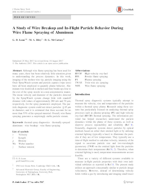A study of wire breakup and in-flight particle behaviour during wire flame spraying of aluminium Thumbnail