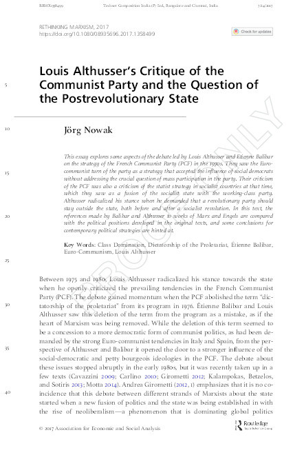 Louis Althusser’s critique of the Communist Party and the question of the postrevolutionary state Thumbnail
