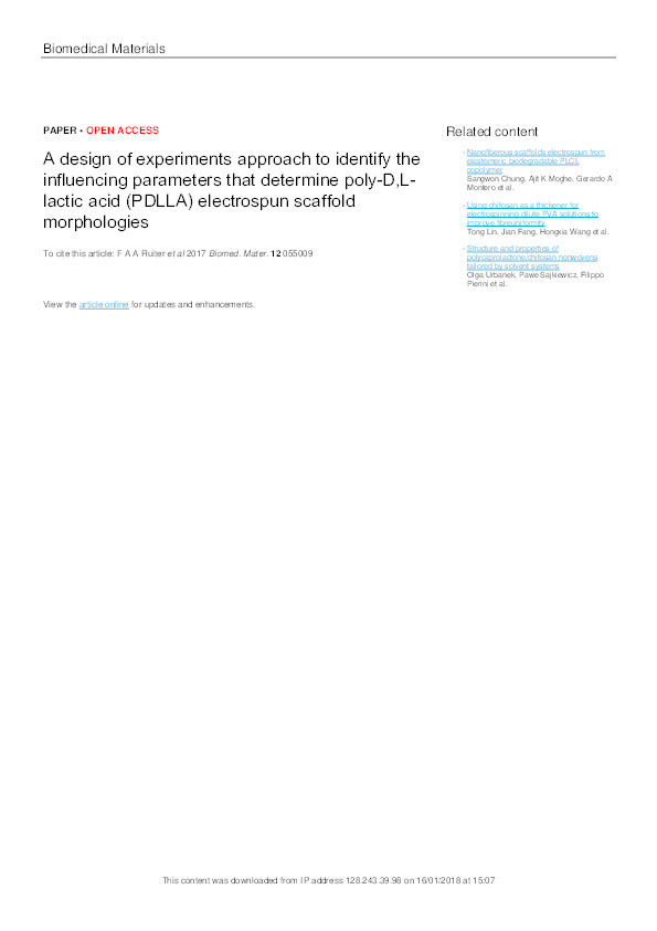 A design of experiments (DoE) approach to identify the influencing parameters that determine poly-D,L-lactic acid (PDLLA) electrospun scaffold morphologies Thumbnail