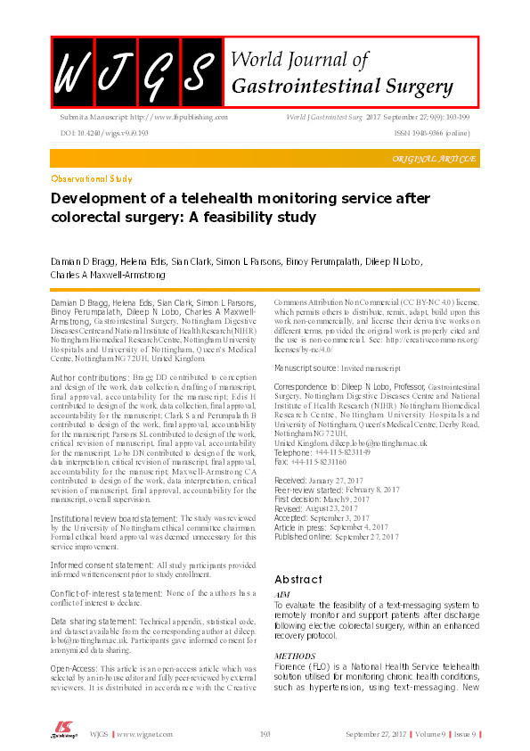 Development of a telehealth monitoring service after colorectal surgery: a feasibility study Thumbnail
