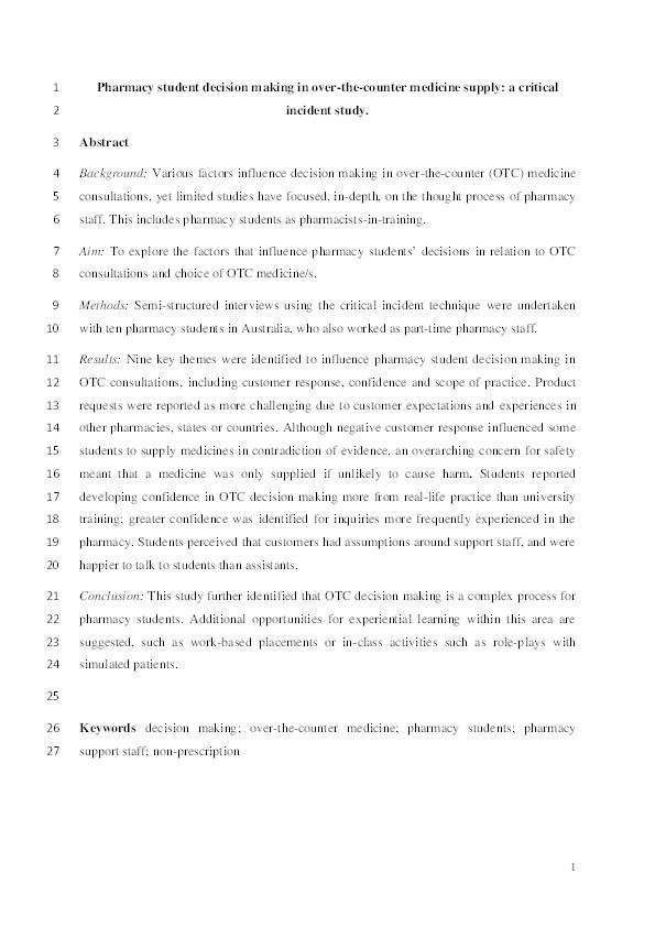 Pharmacy student decision making in over-the-counter medicine supply: a critical incident study. Thumbnail