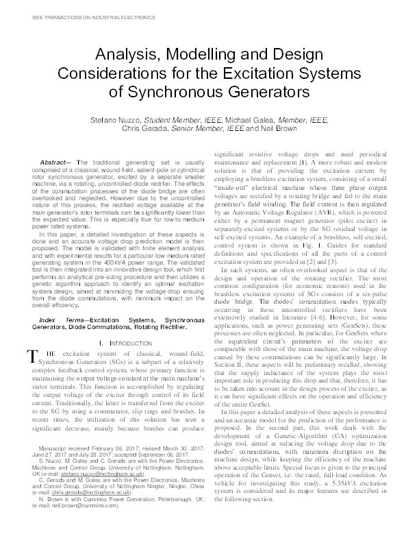 Analysis, modelling and design considerations for the excitation systems of synchronous generators Thumbnail