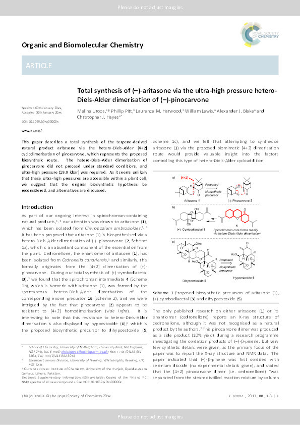 Total synthesis of (−)-aritasone via the ultra-high pressure hetero-Diels–Alder dimerisation of (−)-pinocarvone Thumbnail