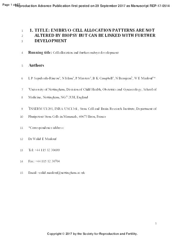 Embryo cell allocation patterns are not altered by biopsy but can be linked with further development Thumbnail