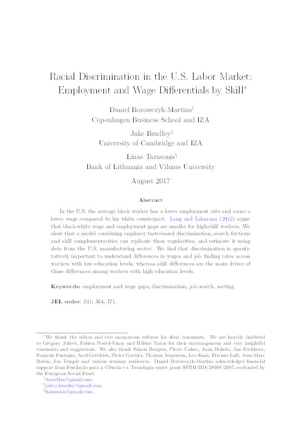 Racial discrimination in the U.S. labor market: employment and wage differentials by skill Thumbnail