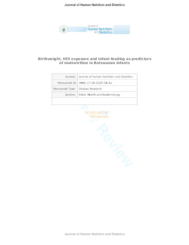 Birthweight, HIV exposure and infant feeding as predictors of malnutrition in Botswanan infants Thumbnail