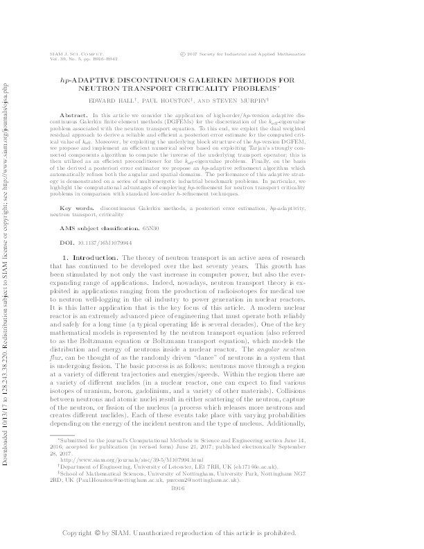 hp-Adaptive discontinuous Galerkin methods for neutron transport criticality problems Thumbnail