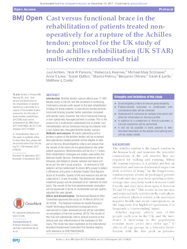 Cast versus functional brace in the rehabilitation of patients treated non-operatively for a rupture of the Achilles tendon: protocol for the UK study of tendo achilles rehabilitation (UK STAR) multi-centre randomised trial Thumbnail