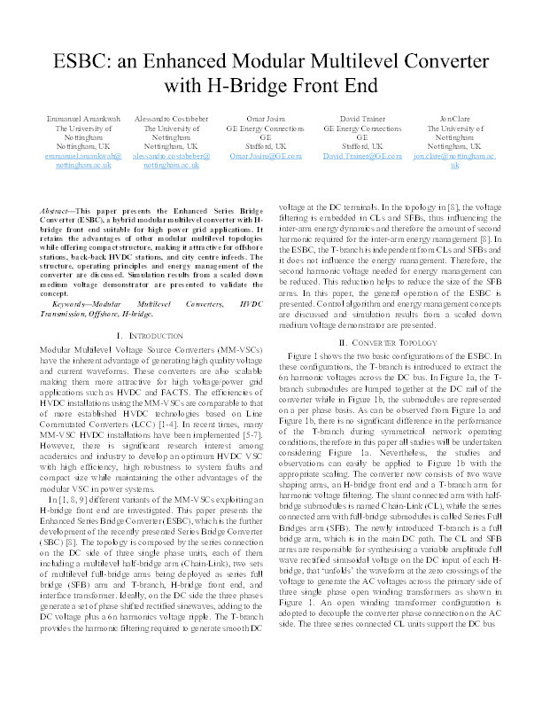 ESBC: an enhanced modular multilevel converter with H-bridge front end Thumbnail