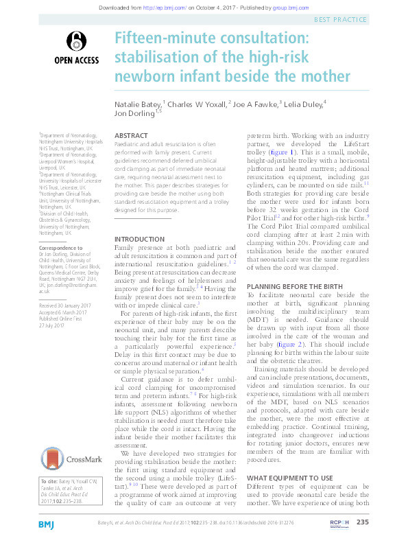 Fifteen minute consultation: stabilisaton of the high risk newborn infant beside the mother Thumbnail