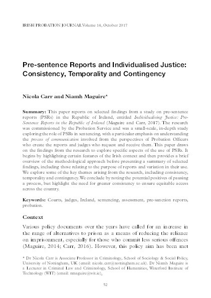 Pre-sentence reports and individualised justice: consistency, temporality and contingency Thumbnail