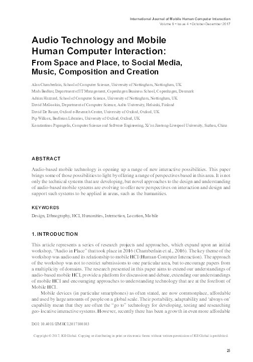 Audio technology and mobile human-computer interaction: from space and place, to social media, music, composition and creation Thumbnail