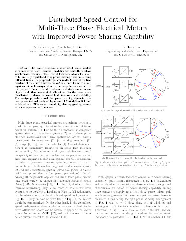 Distributed speed control for multi-three phase electrical motors with improved power sharing capability Thumbnail