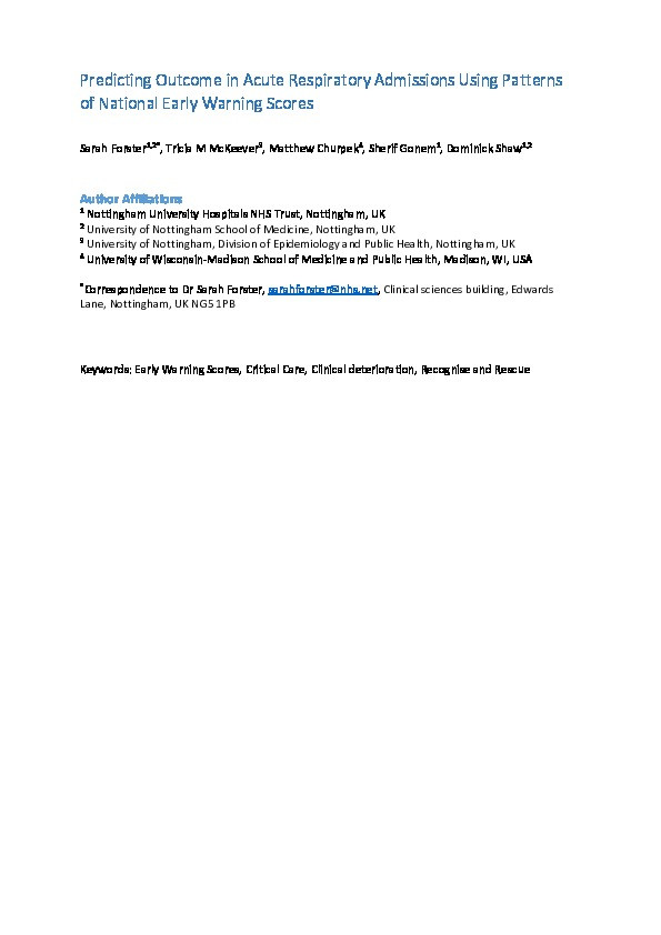 Predicting outcome in acute respiratory admissions using patterns of National Early Warning Scores Thumbnail