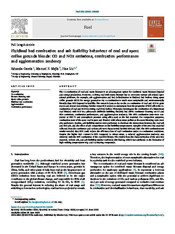 Fluidised bed combustion and ash fusibility behaviour of coal and spent coffee grounds blends: CO and NOx emissions, combustion performance and agglomeration tendency Thumbnail
