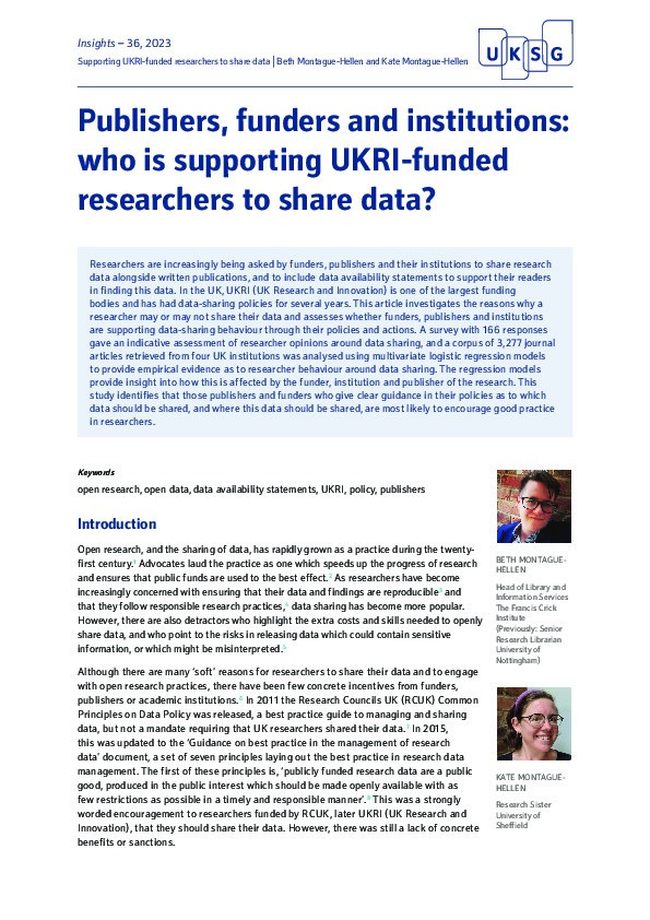 Publishers, Funders and Institutions: Who is supporting UKRI funded researchers to share data? Thumbnail