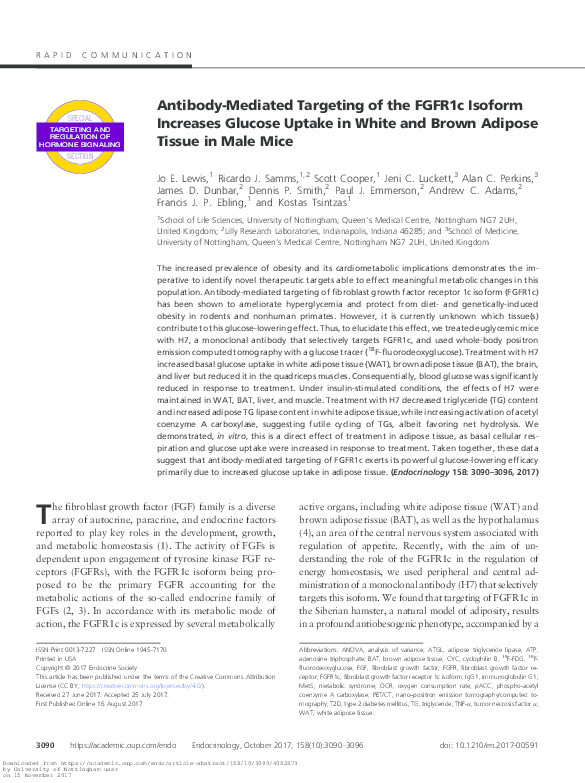 Antibody mediated targeting of the FGFR1c isoform increases glucose uptake in white and brown adipose tissue in male mice Thumbnail