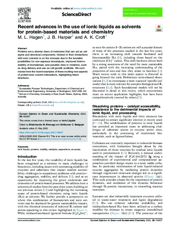 Recent advances in the use of ionic liquids as solvents for protein-based materials and chemistry Thumbnail