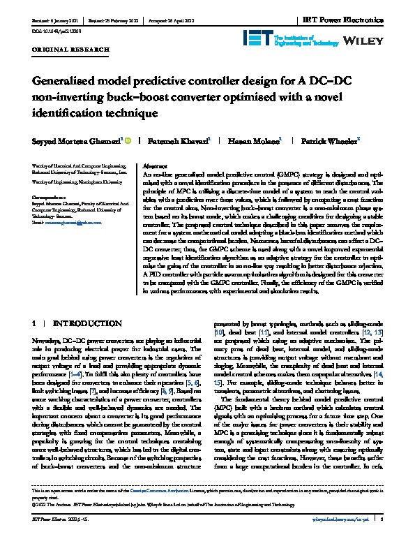 Generalised model predictive controller design for A DC–DC non-inverting buck–boost converter optimised with a novel identification technique Thumbnail